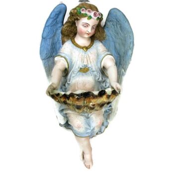 XXL French Holy Water Font Vessel Angel Bisque Porcelain Collector HTF 14.56"
