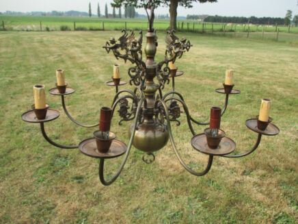 Vintage Flemish Dutch  8 Arms Chandelier Pendant Lights Brass Cupid Hunter