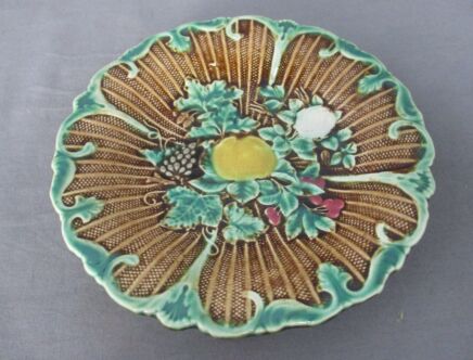 French Fruit Plate  Majolica Barbotine Faience Flower Leafs  Decorative