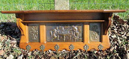 Antique Hand Carved Oak Coat Hat Rack Wood Brass Panels Gorgeous