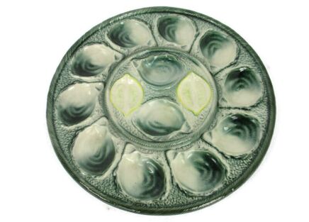 Large French Oyster Serving Plate Faience Ceramic Majolica Green Glazed Beautiful