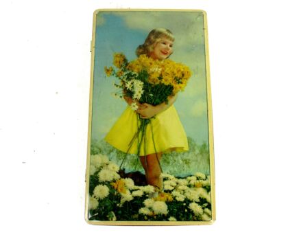 Vintage Mid Century Tin Box Kwatta Belgium Gorgeous little Girl Yellow dress