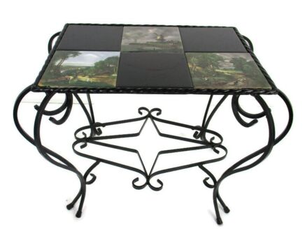 Vintage Side Table Plant stand Ceramic Tiles Wrought Iron Legs Farmlife scenes