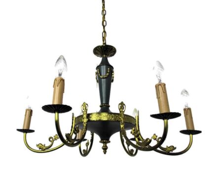 French Empire Pan Chandelier Fish Green Tole Brass 6 arms Hollywood Regency