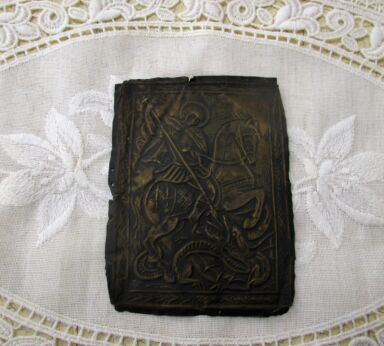 Small Antique Brass Ornate Thin plaque Michael Slaying the Dragon HTF Collector