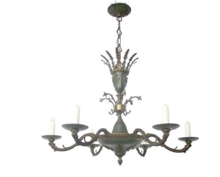 French Empire Chandelier Green Tole Brass 6 arm Lights Hollywood Regency Crown