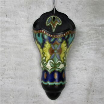 Large Polychrome Holy Water Font Vessel hand Painted Ceramic Wall Hanging