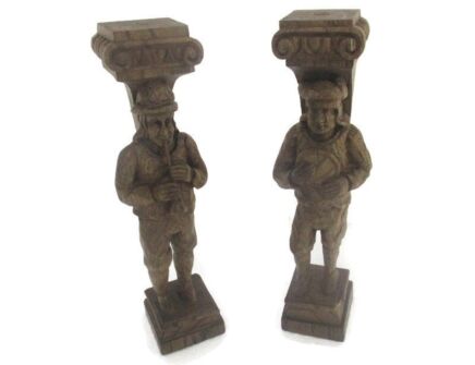 French breton Pair Corbels Hand Carved Wood Panels Architectural reclaimed Peasant Figurines Antique Impressive