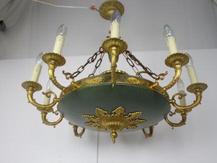 French Empire Pan Chandelier Green Tole Brass 10!! arms Hollywood Regency WOW