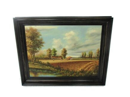 Lovely Oil Painting Framed Farm Polder Landscape Flanders Signed Percy