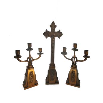 Altar Set Gorgeous Standing Crucifix with two Candelabras Ornate Embossed red Copper Art Deco