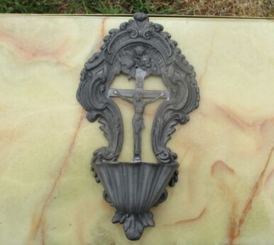 Vintage Pewter Holy Water Font Crucifix Cross Jesus Wall Hanging Catholic
