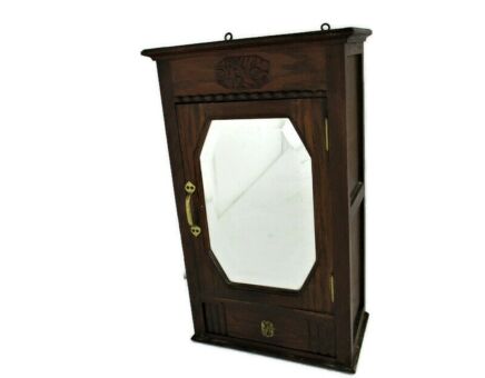Vintage Wood Kitchen Apothecary Bathroom Medicine Wall Cabinet Hooks for Towels Pediment Beveled glass Mirror