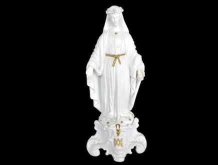 Large French Antique 1900 Bisque Statue Virgin Mary Our Lady Madonna Flower Garland Exquisite Marked 17.32"