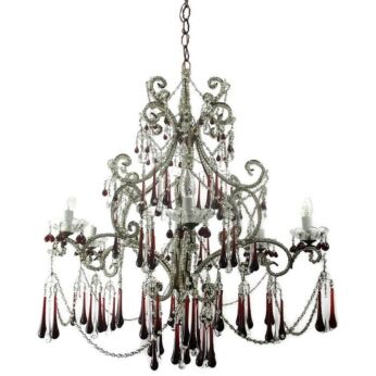 Large Macaroni Chandelier 6 Lights Red Beaded Drops Prisms Centerpiece Wood HTF