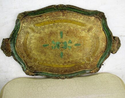 L Italian Mid Century Hollywood Regency Florentine Serving Tray Wood Green