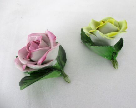 Two Porcelain Roses Herend Hungary Yellow Pink Card Holder Gorgeous Marked