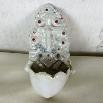 Small Vintage White Holy Water Font Vessel Crucifixion Bisque Porcelain Flowers