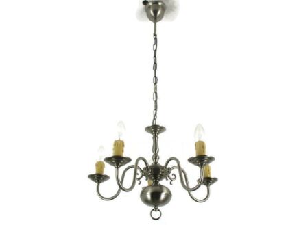 Vintage Chandelier 5 Lights  Brass Pewter Look Flemish Dutch Style MId Century