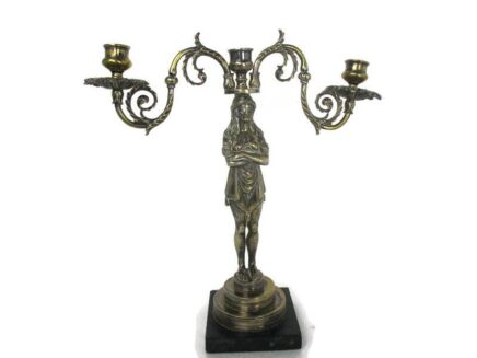 Vintage Candelabra 3 arm Hollywood Regency Bronze on Marble Base Cariatide Woman