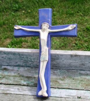 Mid Century Design Ceramic Modernist Crucifix Blue White era Amphora Perignem