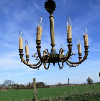 Ornate French Empire Chandelier 8 Arm Lights Green Tole Brass