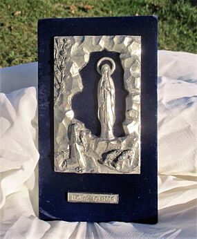 Small Vintage Wall Plaque Notre Dame de Lourdes France on blue velvet Nostalgic