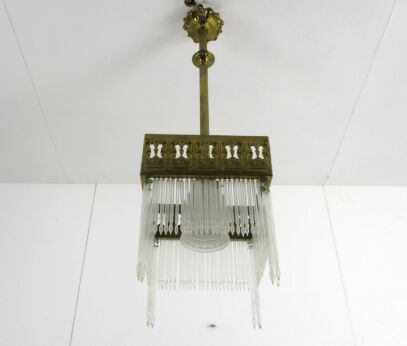 Jugendstil Hall Lamp Chandelier Prisms Copper Glass Antique Hanging Light