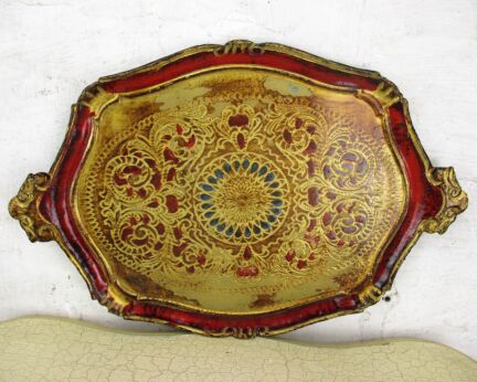 Mid Century Italy Hollywood Regency Florentine Wood Serving Tray Pink Gold Gilt