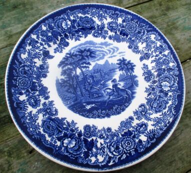 Antique Plate Lonka Confiserie Blue White Huntress Hunt Dog Collector Rare