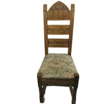 Antique Neo Gothic 1900 Chair Ornate Heavy Wood Oak Renaissance WOW Gorgeous Tapestry Goblin Fabric Hunter Scene