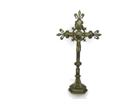 XL French Standing Altar Church Chapel Crucifix Cross Ornate Brass fleur de Lis