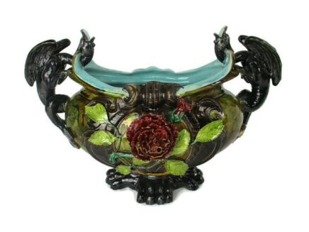 Gothic Antique French Centerpiece Dragon Handles Majolica Barbotine Planter WOW