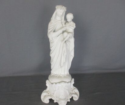 Large French Antique 1900 Bisque Statue Virgin Mary Our Lady with Infant Child Flower Wreath Garland 15.35"