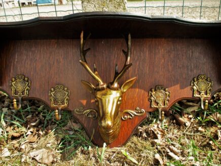 Vintage Gorgeous  Wooden Coat Hat Rack Brass Deer Head Hunter Style