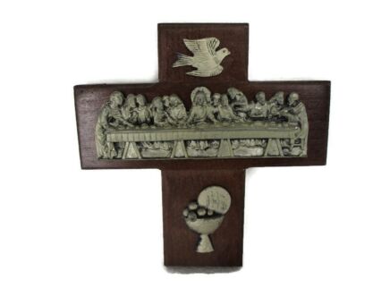Vintage Wall Hanging Crucifix Cross Wood Spelter Trimming Last Supper Holy Spirit lovely Rare 6.69"