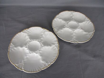 2 Oyster Plates Porcelaine de Baudour Cerabel White with Golden Rim Belgium