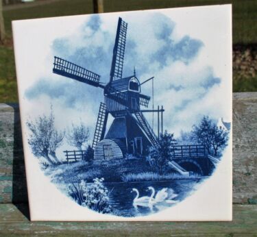 Vintage Blue White Ceramic Tile Windmill Swans Van Munnik Mosa Holland