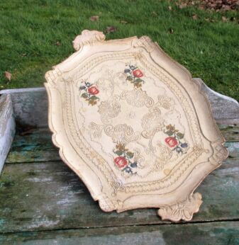 Italian Mid Century Hollywood Regency Florentine White Serving Tray gold gilt