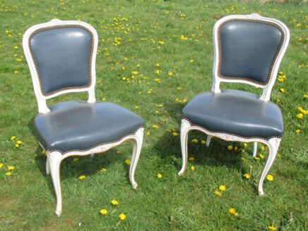 Antique Louis XV Pair French Chairs Authentic Blue White Painted Carved Wood