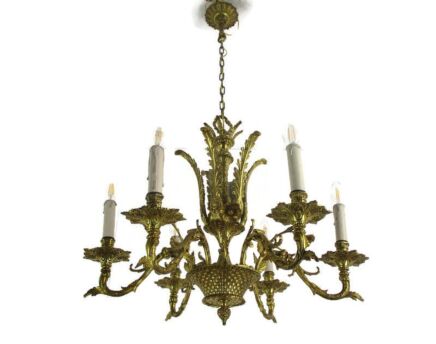 Hollywood Regency Chandelier 6 Lights Bronze Doré Gilded Ornate Basket