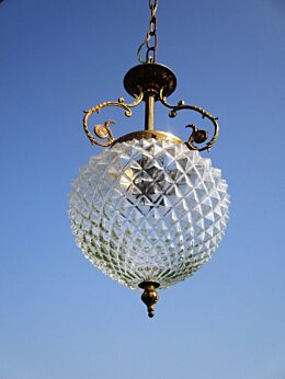 Vintage French Ceiling Lamp Pendant Brass Bubbled Glass Hollywood Regency