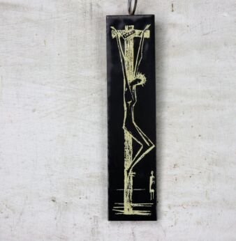 Modernist Ceramic Black Tile Wall Hanging Small Jesus Christ Crucifix Mettlach