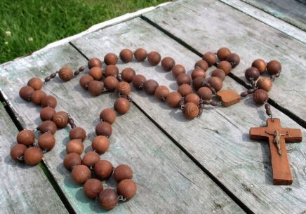 Large Wooden Vintage Rosary Carved Wood Beads Wall Hanging Lovely Priest Nun