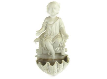 French Holy Water Font Child  Hand Painted Bisque Porcelain Collector HTF 8.46"