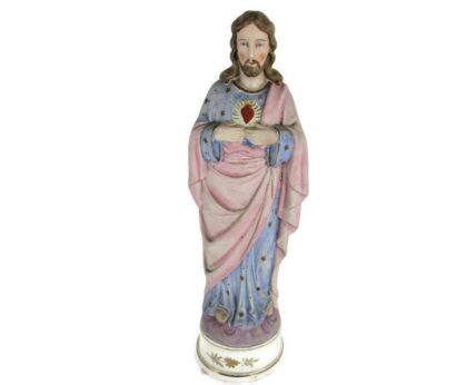 Vintage Statue Bisque Porcelain Jesus Christ Saviour Holy Sacred Heart Polychrome 12.2"