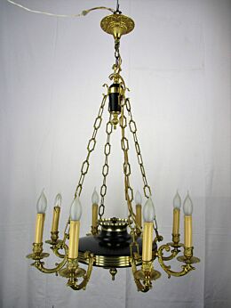 Large French Empire Tole Pan Chandelier Green Brass 8 arm Hollywood regency