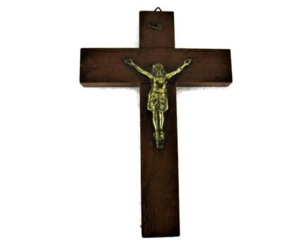 Small Vintage Brass Corpus Wooden Cross  Wall  Hanging Crucifix Jesus Christ  8.66"