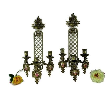 Pair French Brass Triple Wall Sconces Candelabras Victorian era Limoges Sevres