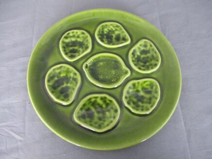 French Oyster Plate Faience Ceramic Majolica 1950s Vintage Green Seafood